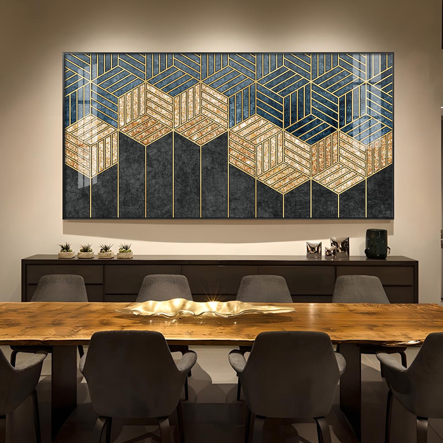 Hampton Abstract Black & Gold Glass Finish Horizontal Wall Art