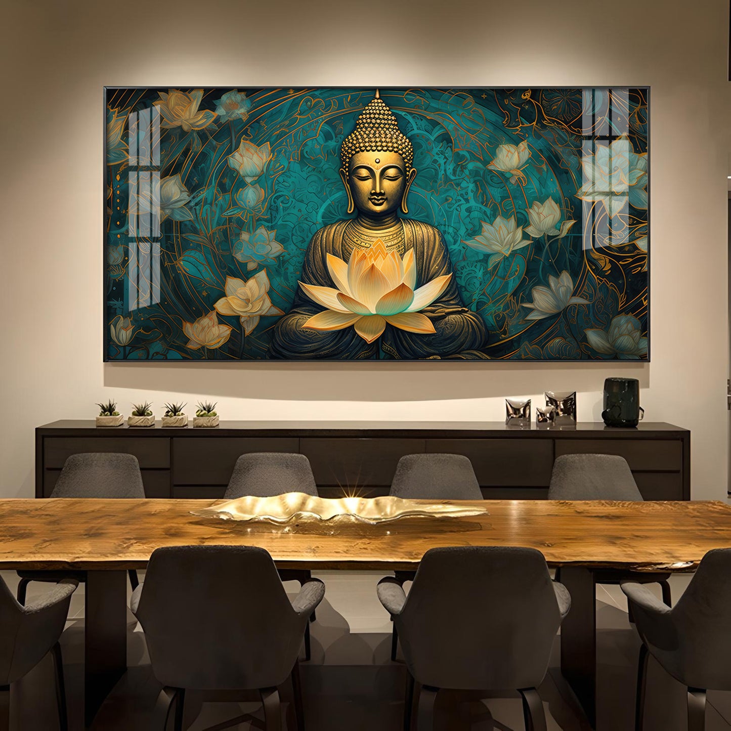 Golden Buddha With Lotus Glass Finish Horizontal Wall Art