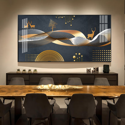 Night Landscape With Golden Deer Glass Finish Horizontal Wall Art