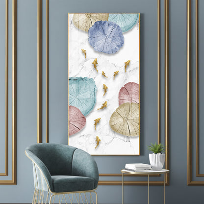 Golden Fish Umbrella Mosaic Glass Finish Vertical Wall Art