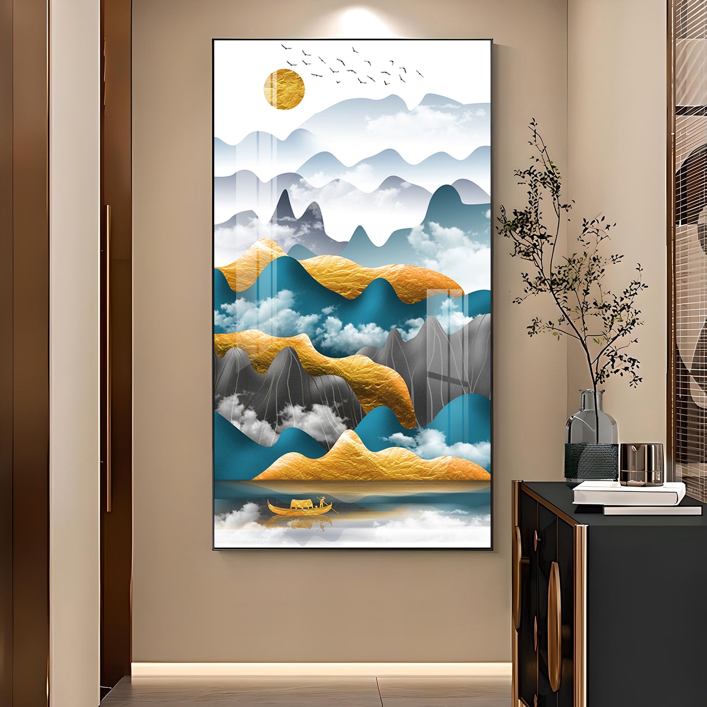 Mountains and Water Glass Finish Vertical Wall Art