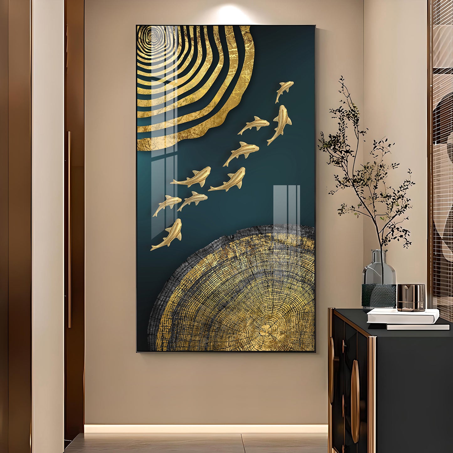 Luminous Fish Dance Glass Finish Vertical Wall Art