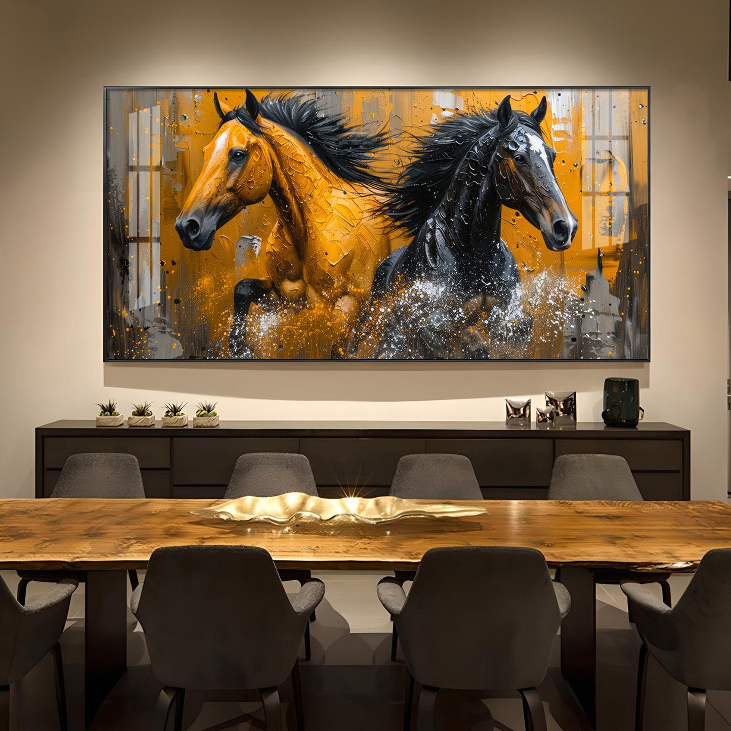 Two Horses Glass Finish Horizontal Wall Art