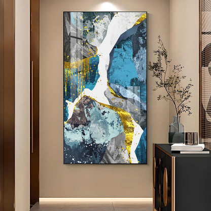 Gold and Blue Abstraction Glass Finish Vertical Wall Art