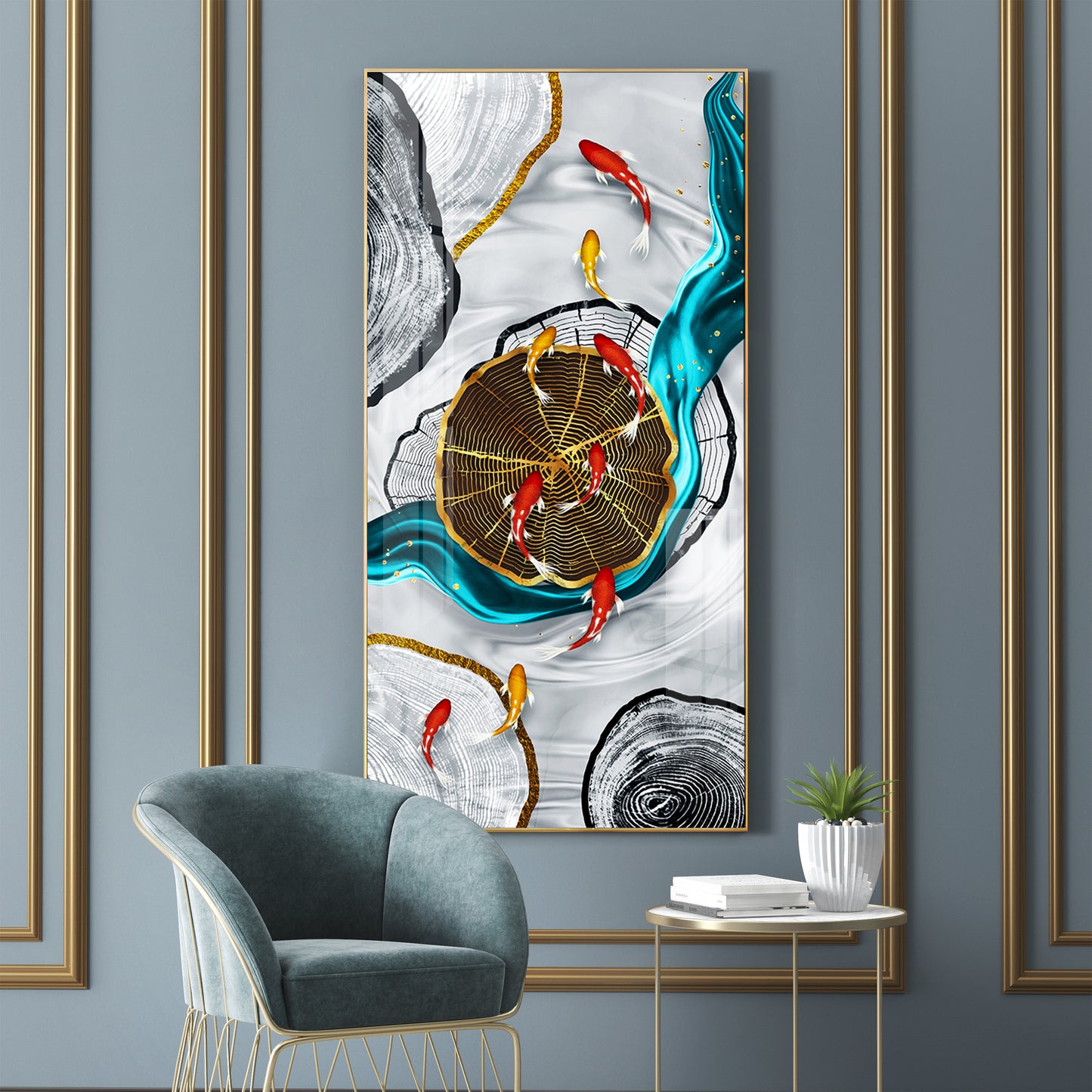 Tranquil Fish Pond Glass Finish Vertical Wall Art