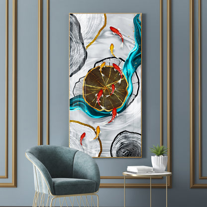 Tranquil Fish Pond Glass Finish Vertical Wall Art