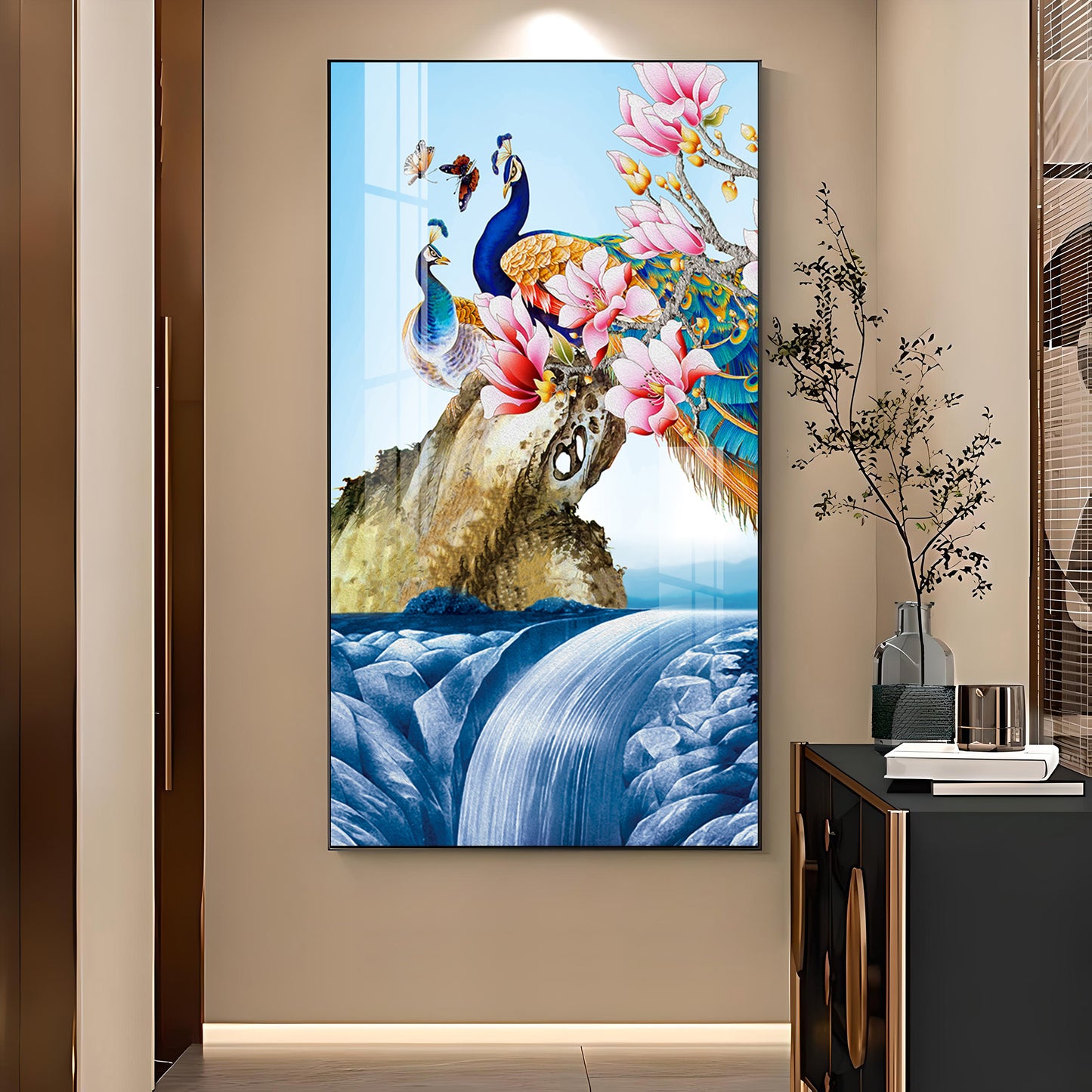 Peacock Amidst Floral Waters Glass Finish Vertical Wall Art