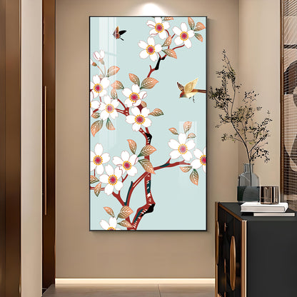 Avian Blossom Glass Finish Vertical Wall Art