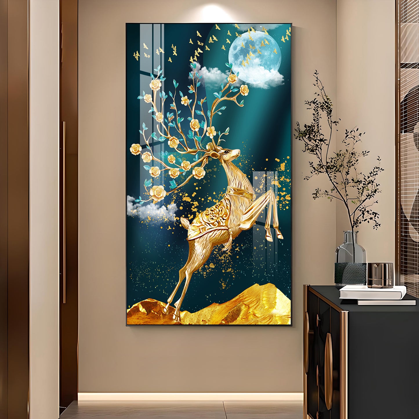 Golden Antlers and Blossoms Glass Finish Vertical Wall Art