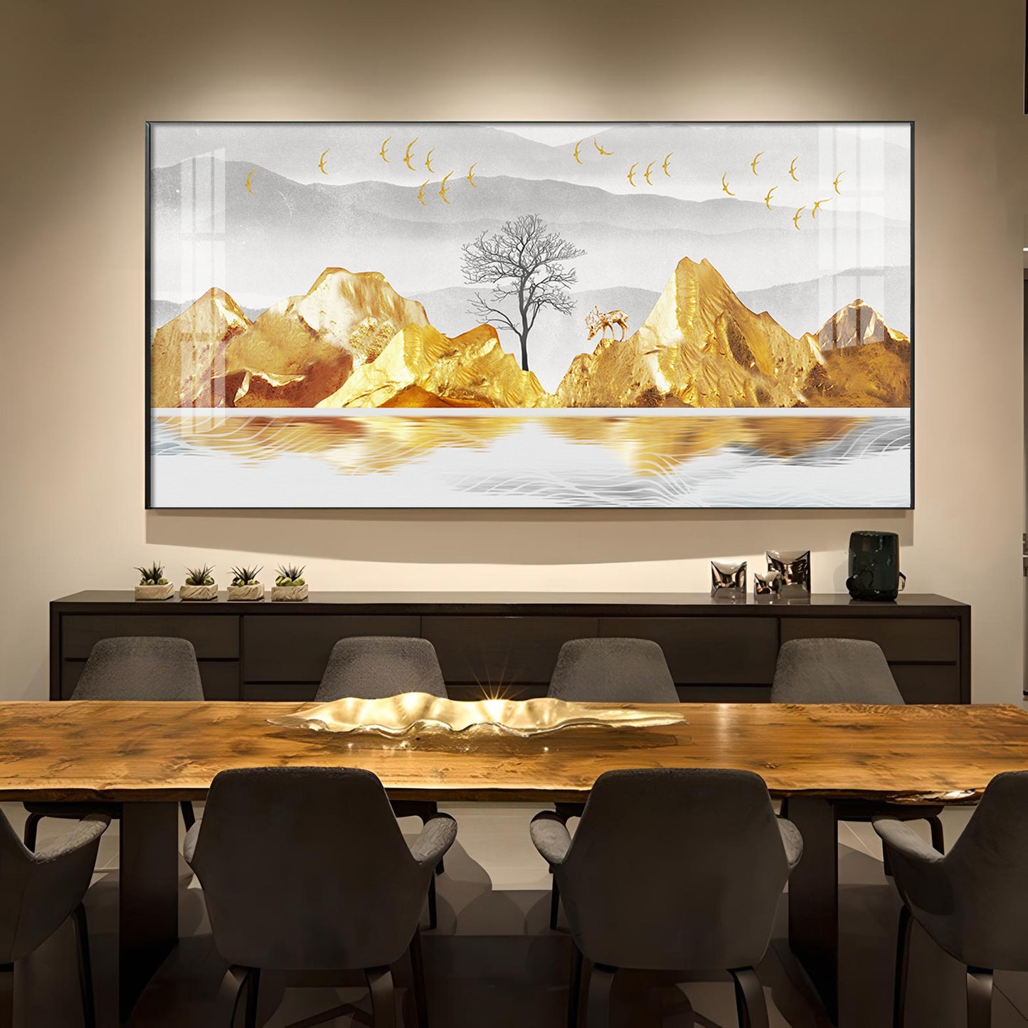 Golden Mountains And Birds Glass Finish Horizontal Wall Art