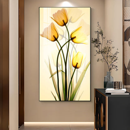 Radiant Yellow Tulips Glass Finish Vertical Wall Art