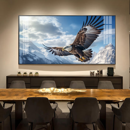 Eagle Flying Over Mountains Glass Finish Horizontal Wall Art