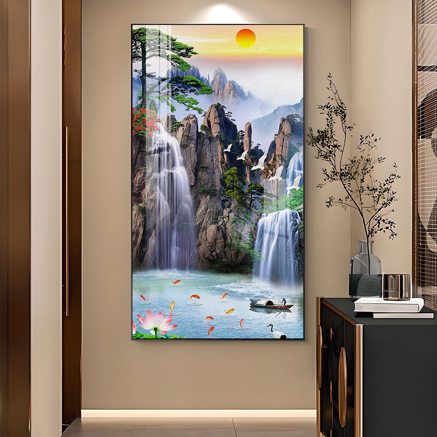 Portrait of Water and Birds Glass Finish Vertical Wall Art