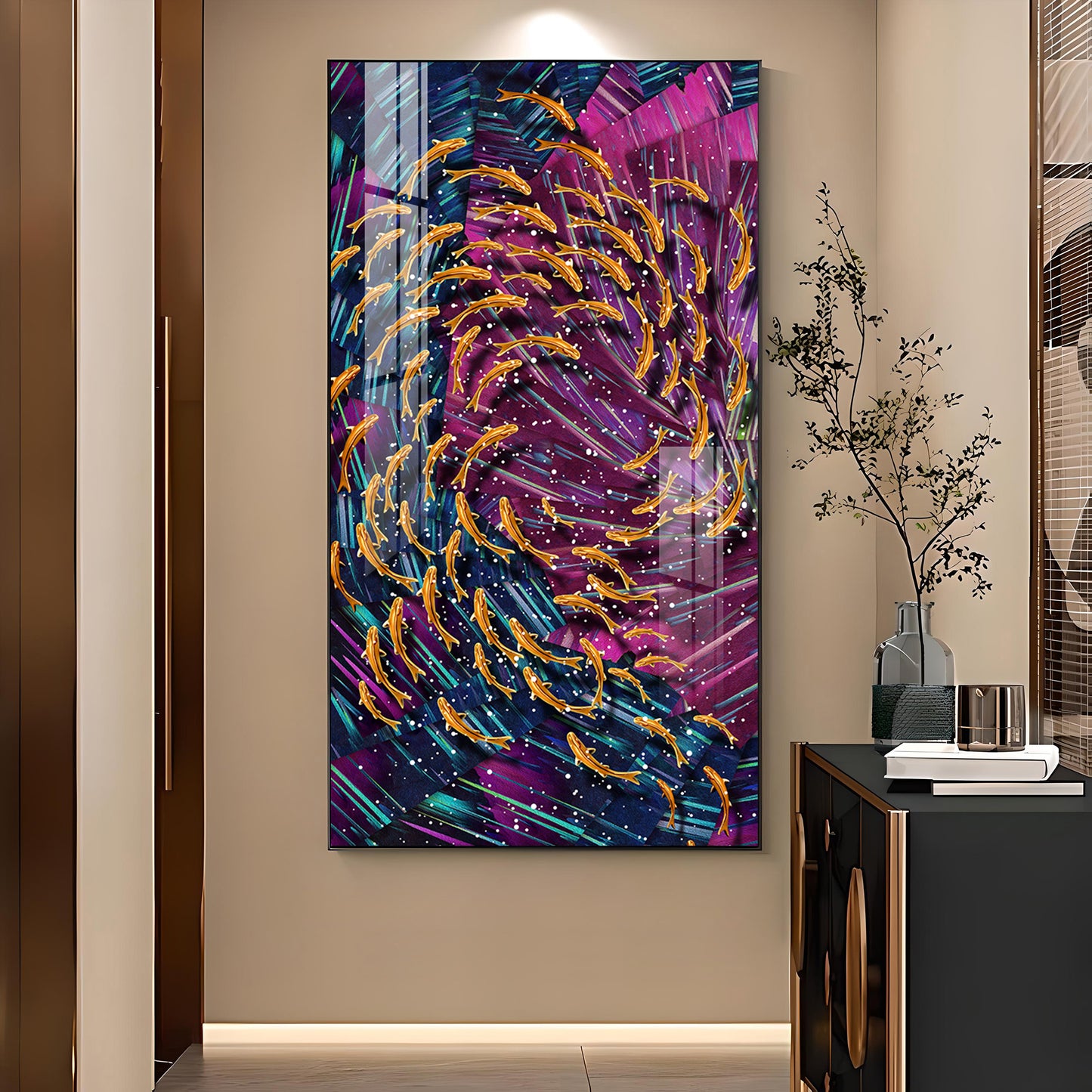 Chromatic Fish Dance Glass Finish Vertical Wall Art