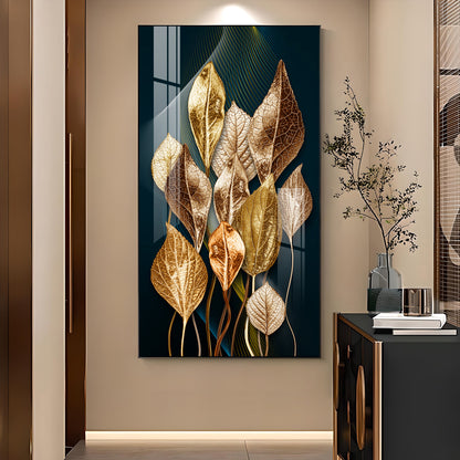 Golden Leafy Luxe Glass Finish Vertical Wall Art