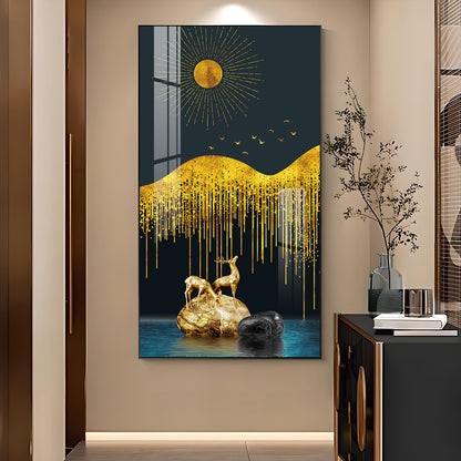 Golden Deer Essence Glass Finish Vertical Wall Art