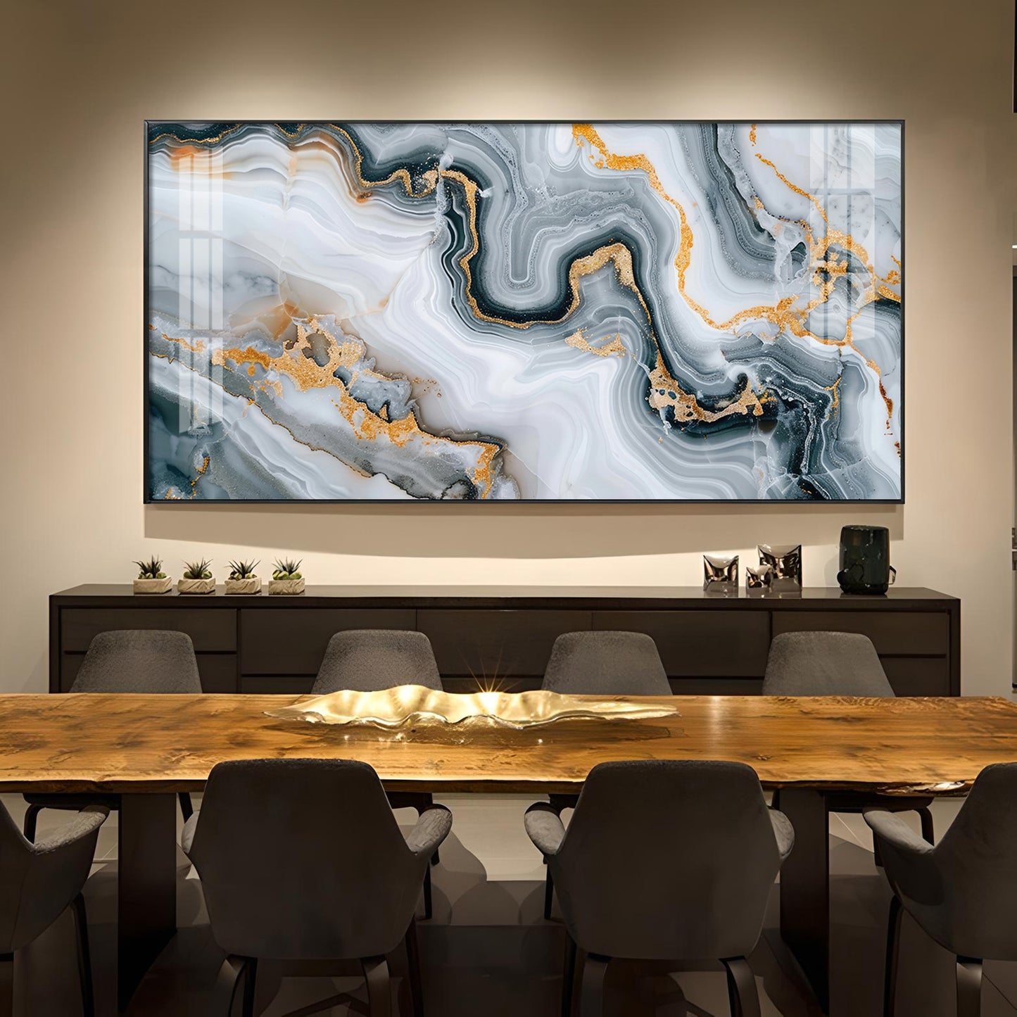 Modern Abstract Golden & Gray Glass Finish Horizontal Wall Art