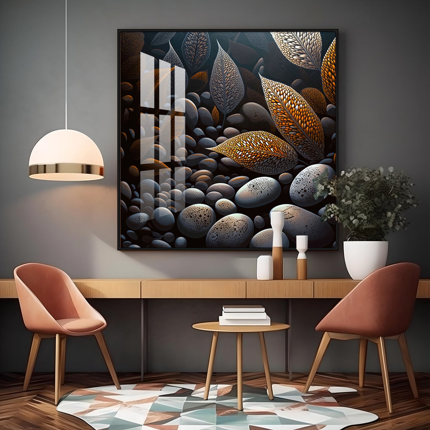 Leaves and Stones Glass Finish Square Wall Art