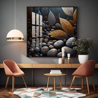 Leaves and Stones Glass Finish Square Wall Art