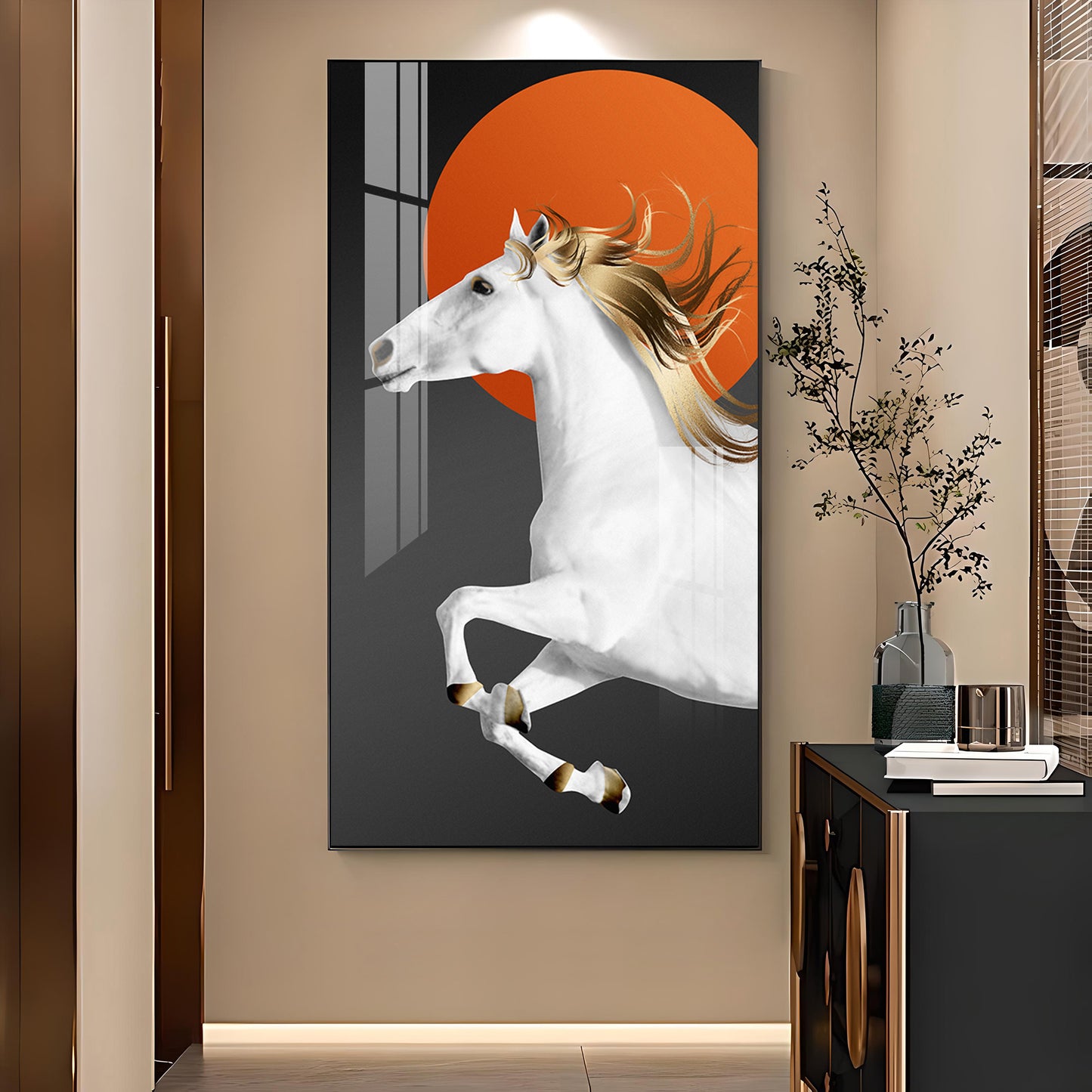 Jumping Horse With Blond Glass Finish Vertical Wall Art