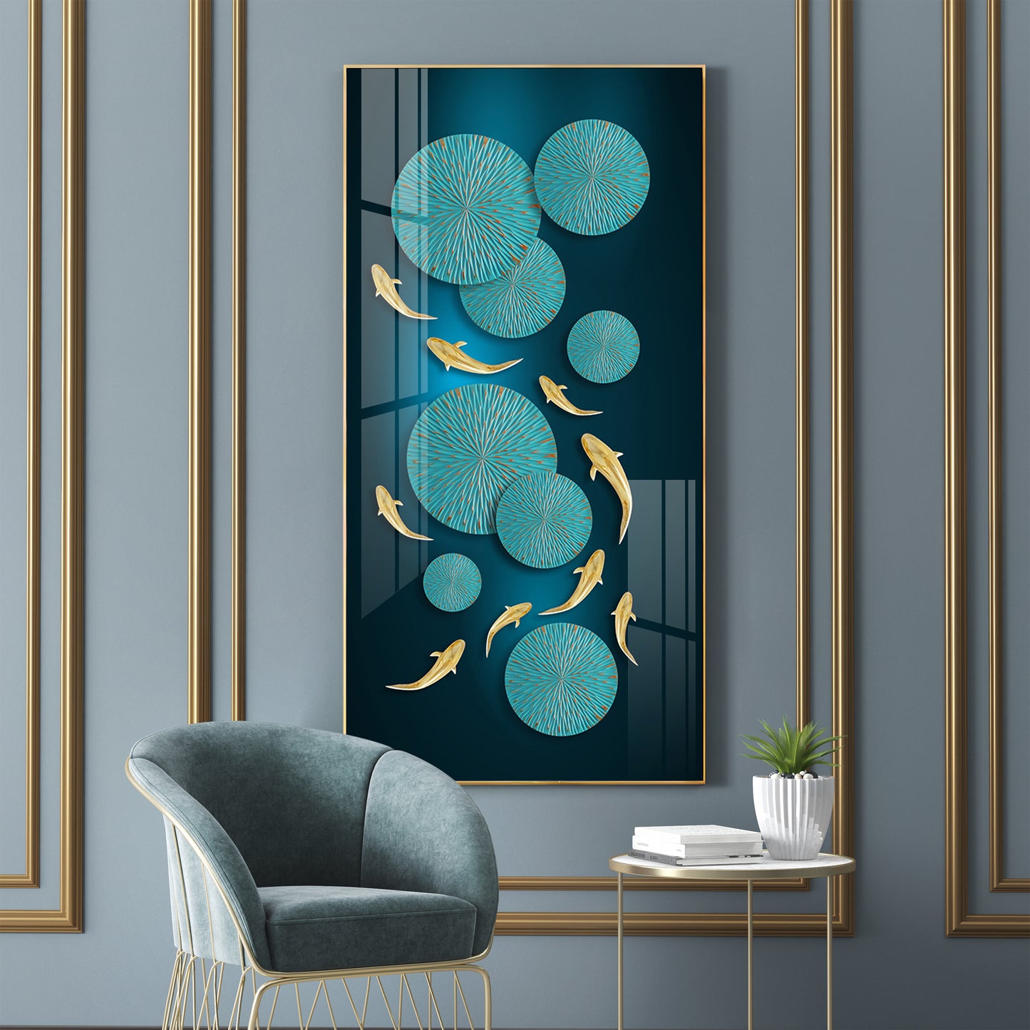 Azure Elegance Glass Finish Vertical Wall Art