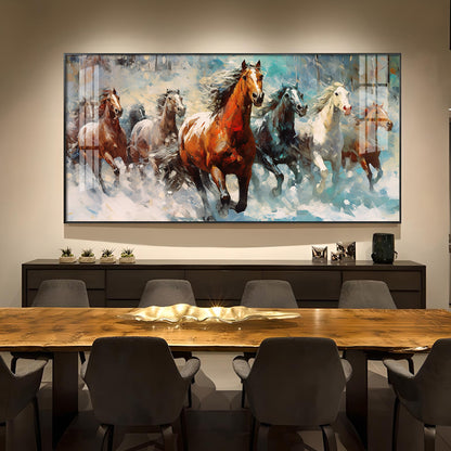 Running Horses Vastu Glass Finish Horizontal Wall Art