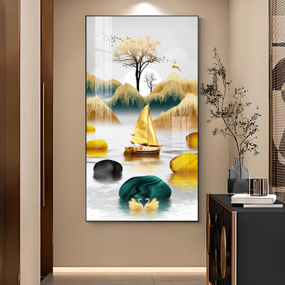 Lakeside Elegance Glass Finish Vertical Wall Art