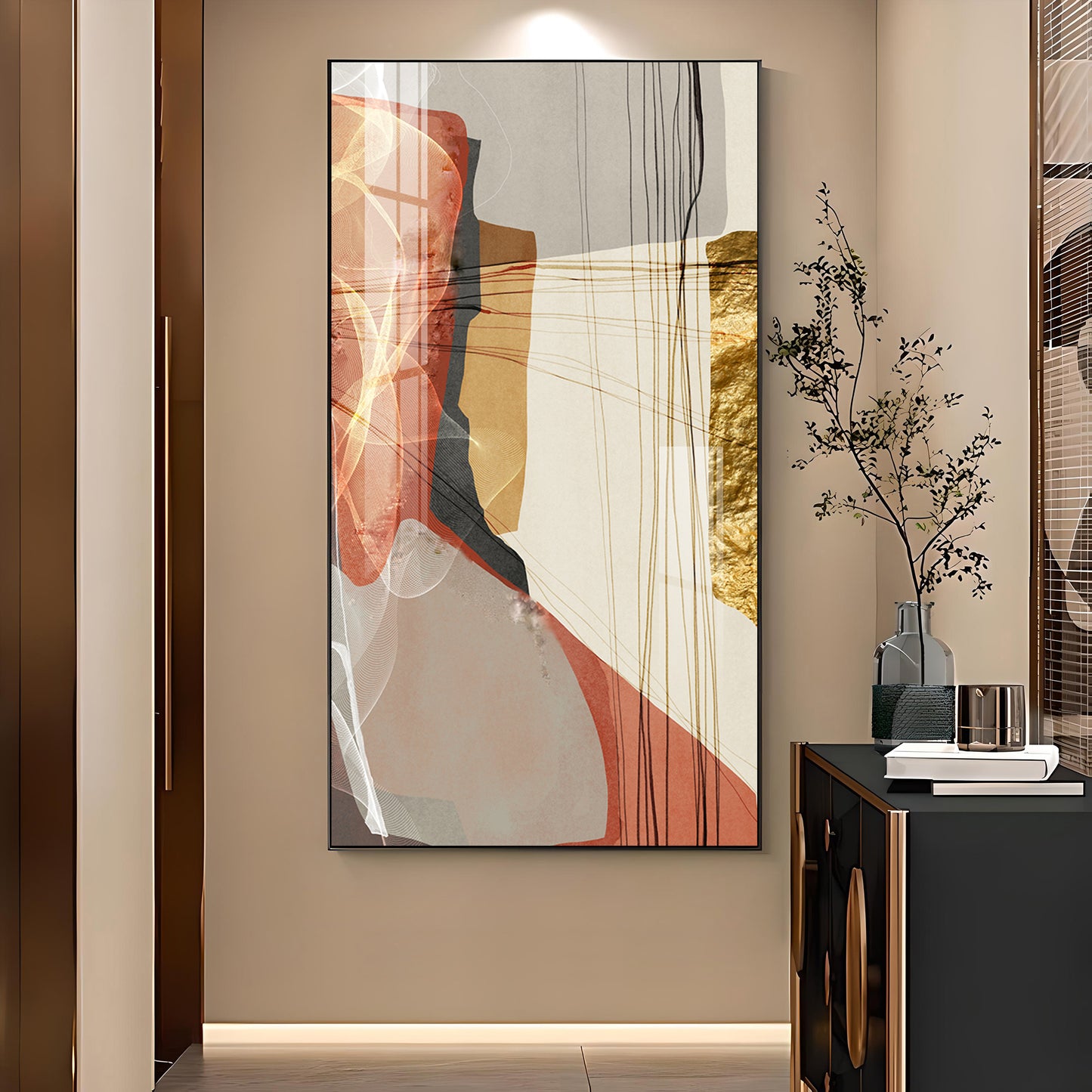 Gold-Red Abstraction Glass Finish Vertical Wall Art