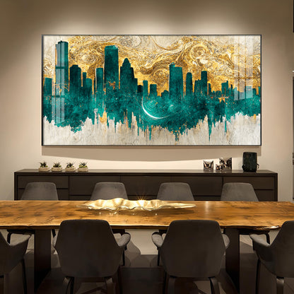 Golden Urban Vista Glass Finish Horizontal Wall Art