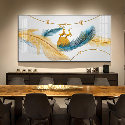 Golden Blue Feathers Glass Finish Horizontal Wall Art