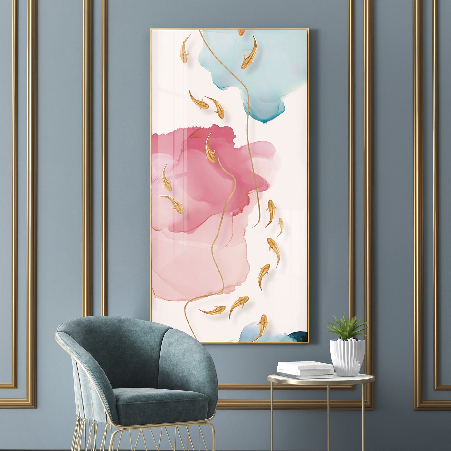 Pink and Blue Floral Glass Finish Vertical Wall Art