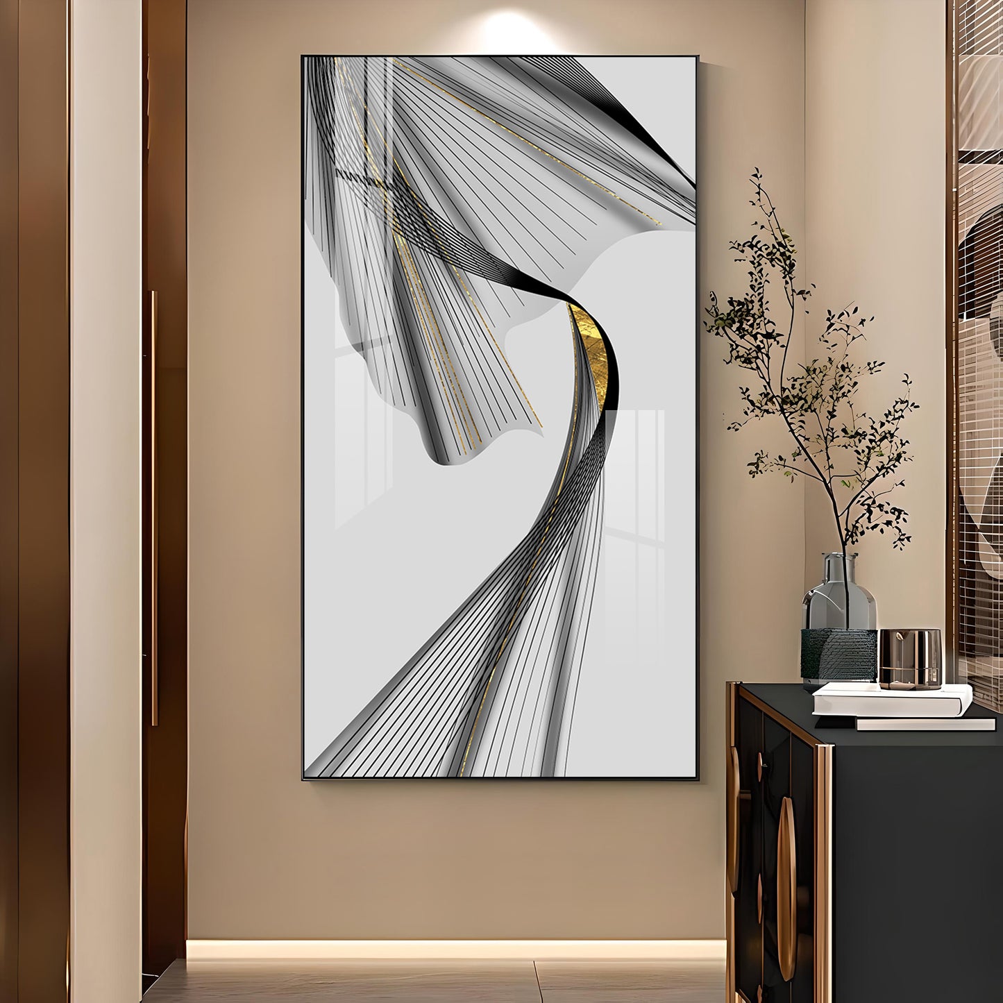 Black & Gold Stratum Glass Finish Vertical Wall Art