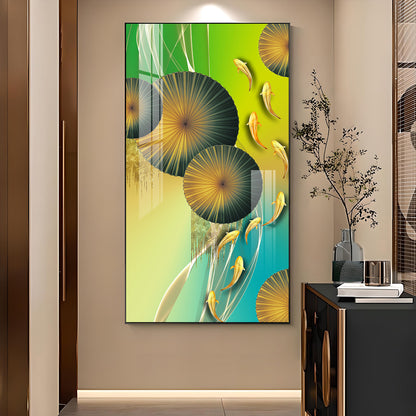 Emerald Oasis Koi Glass Finish Vertical Wall Art