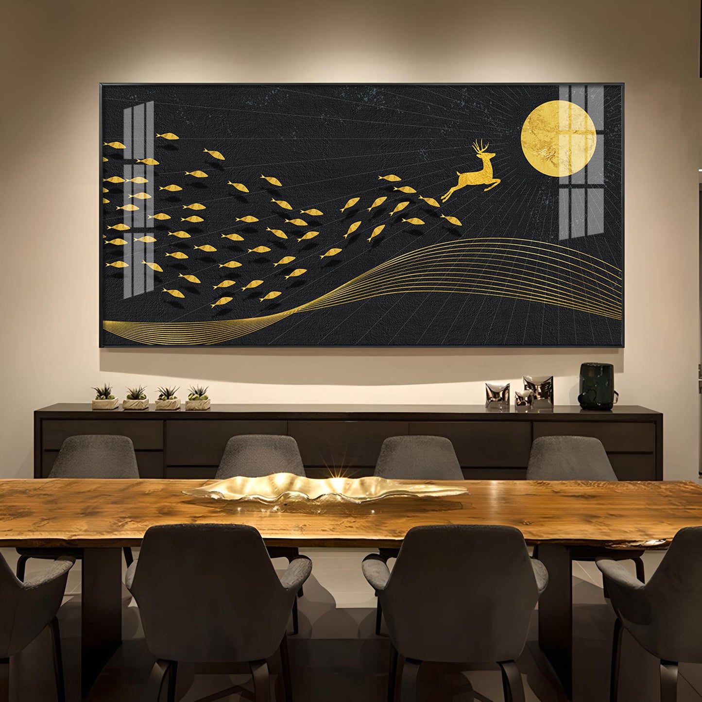 Fish Deer And Moon Glass Finish Horizontal Wall Art