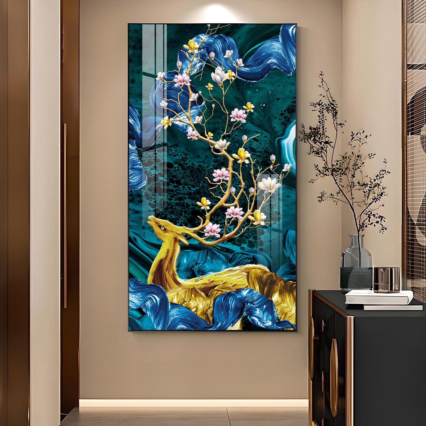 Deer’s Serenade Glass Finish Vertical Wall Art