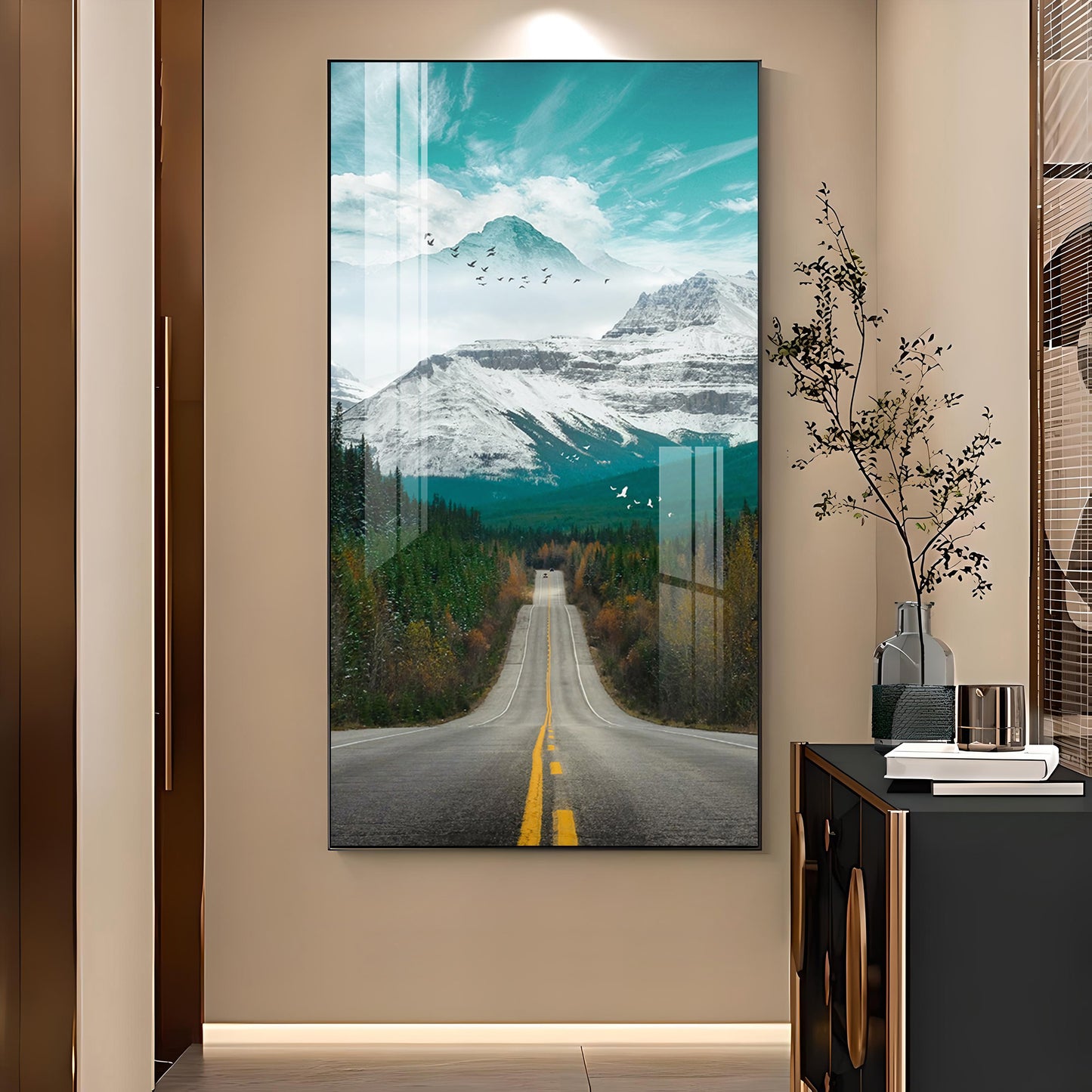 Nature's Gateway Road Glass Finish Vertical Wall Art