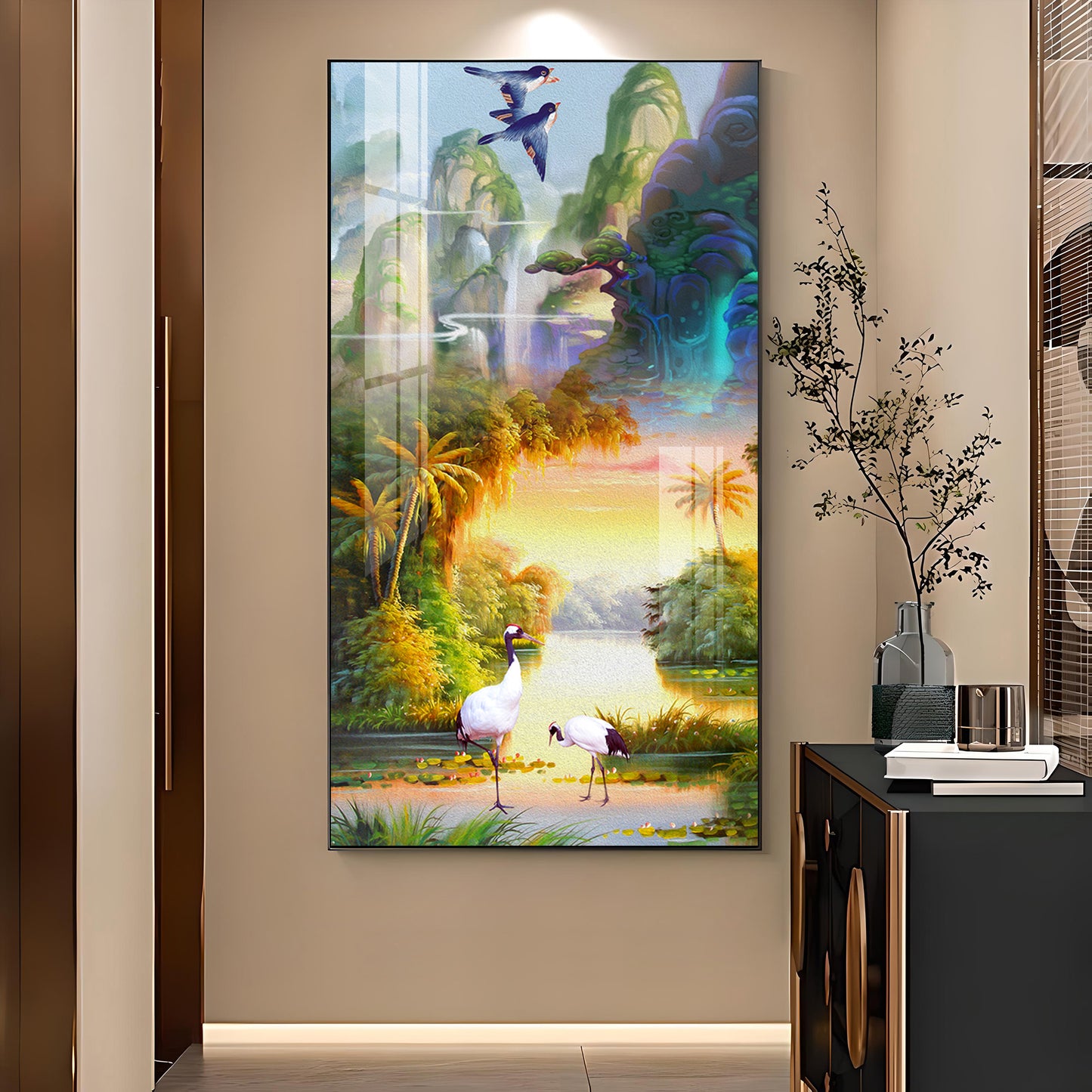 Birds in a Cascading Dream Glass Finish Vertical Wall Art