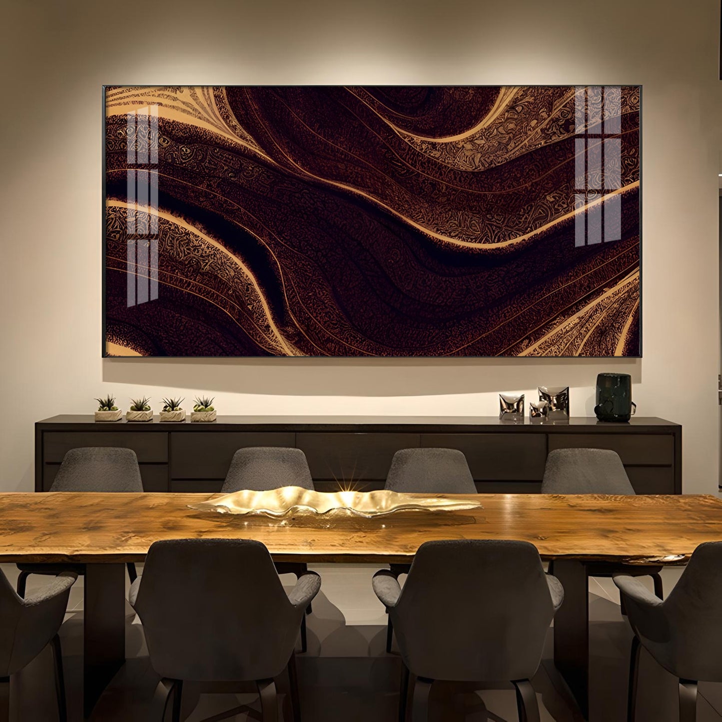 Golden Rhythm Wave Glass Finish Horizontal Wall Art