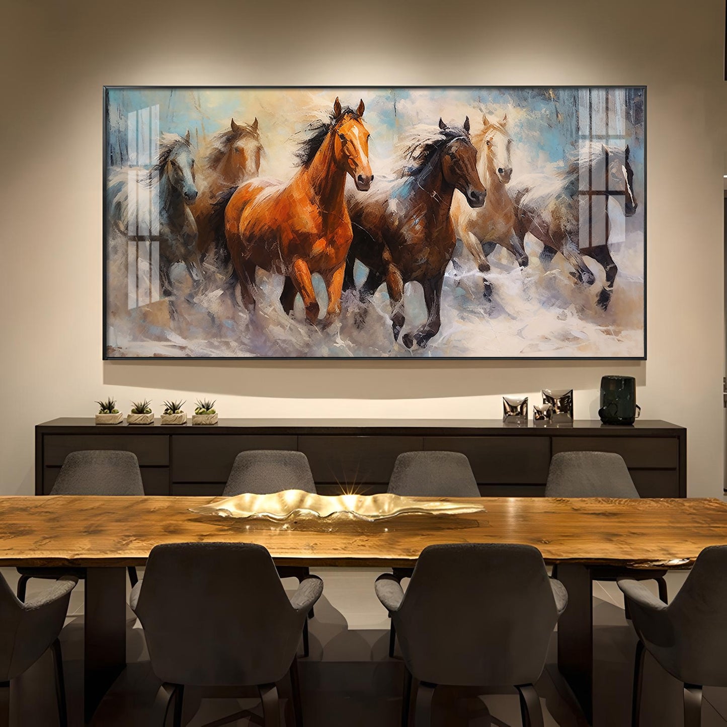 Jungle Running Horses Vastu Glass Finish Horizontal Wall Art