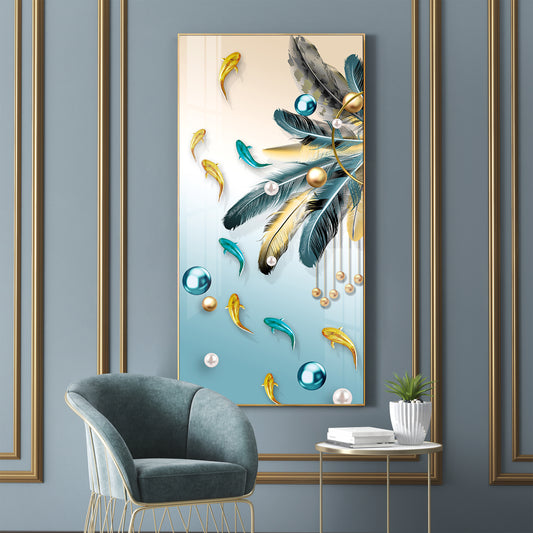 Majestic Blue-Gold Bird Glass Finish Vertical Wall Art