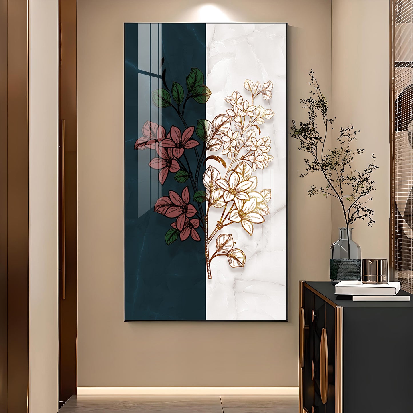 Dual Floral Marble Glass Finish Vertical Wall Art