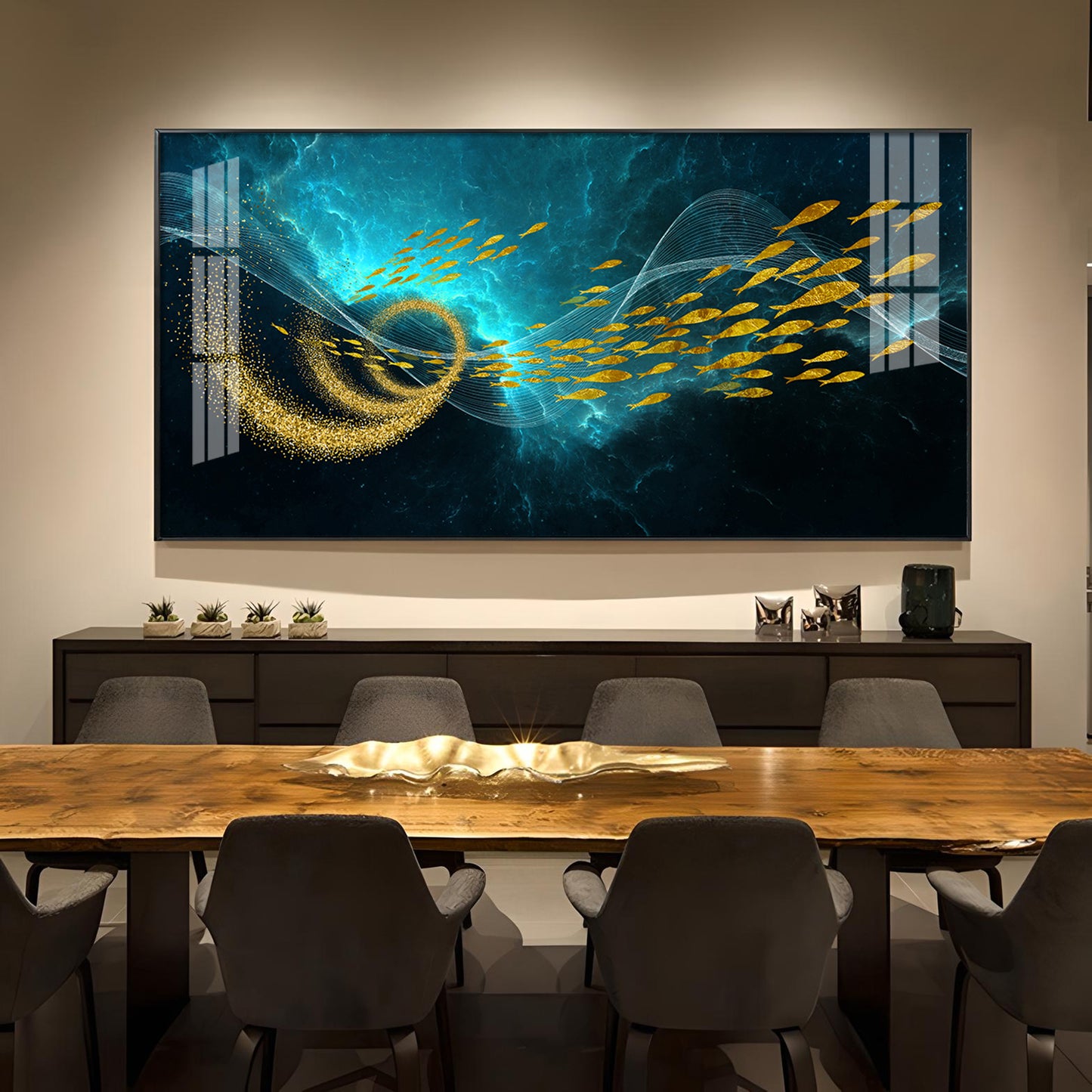 School Of Gold Fish Glass Finish Horizontal Wall Art