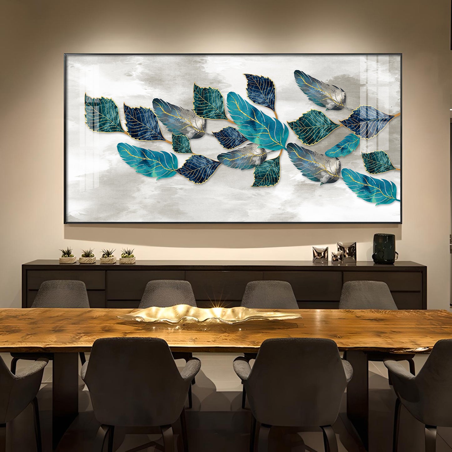 Turquoise Greay Leaves Glass Finish Horizontal Wall Art