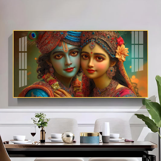 Lord Shri Radha And Krishna Loving Glass Finish Horizontal Wall Art