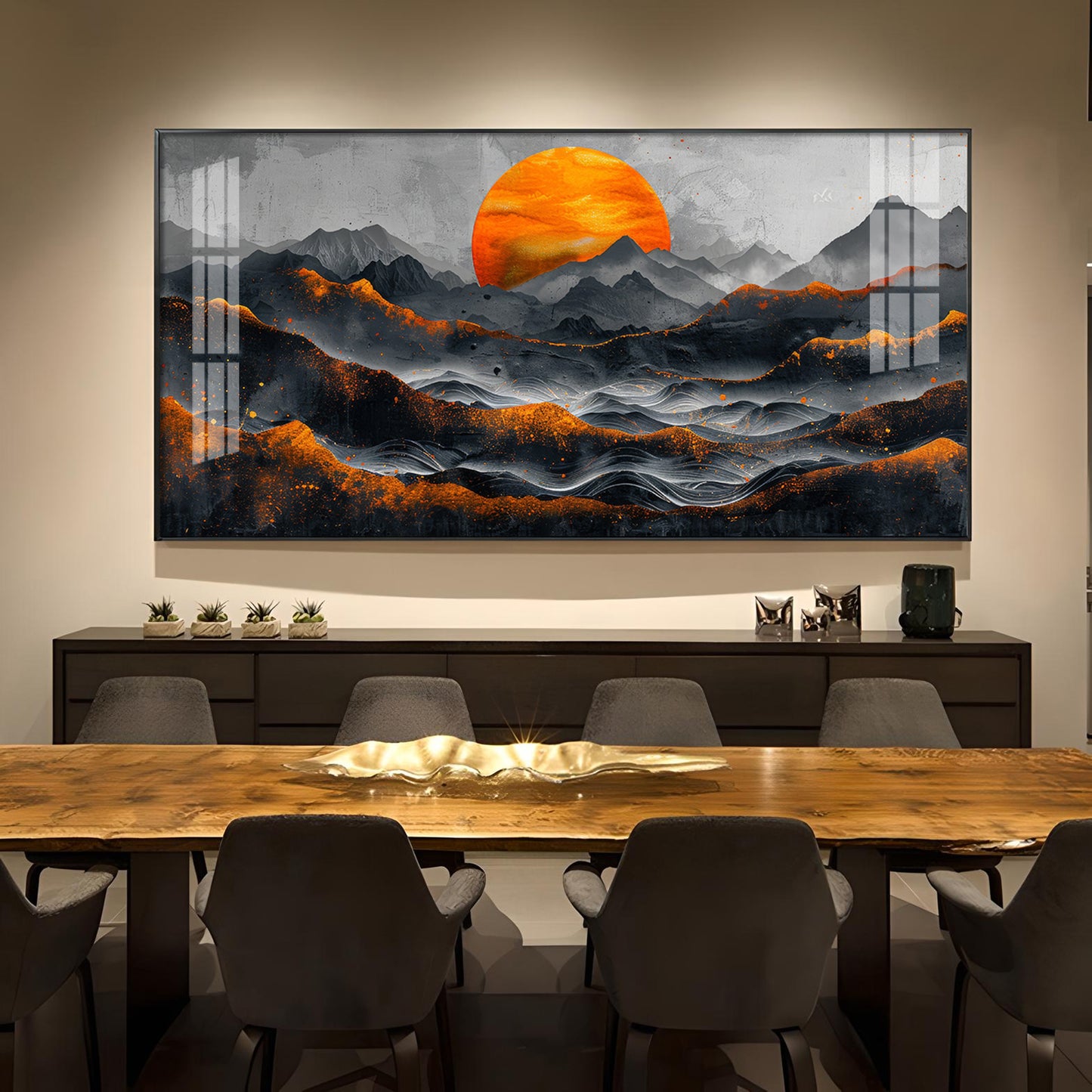 Sun Rise In Black Mountain Glass Finish Horizontal Wall Art