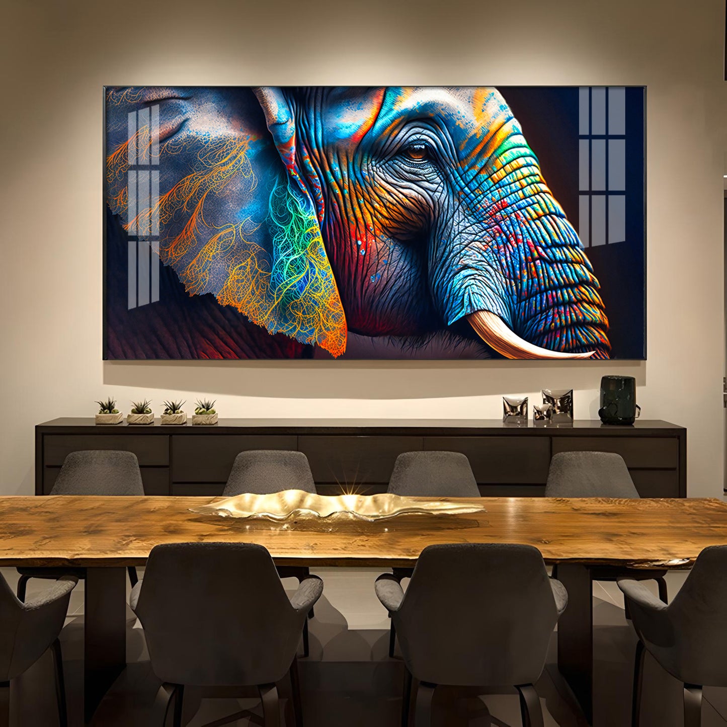 Vibrant Elephant Glass Finish Horizontal Wall Art