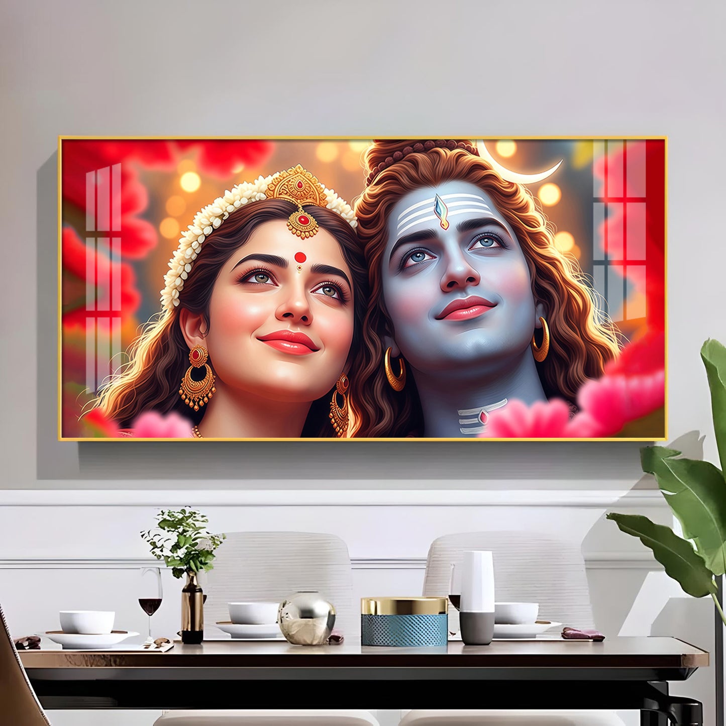 Lord Shiva and Parvati Glass Finish Horizontal Wall Art