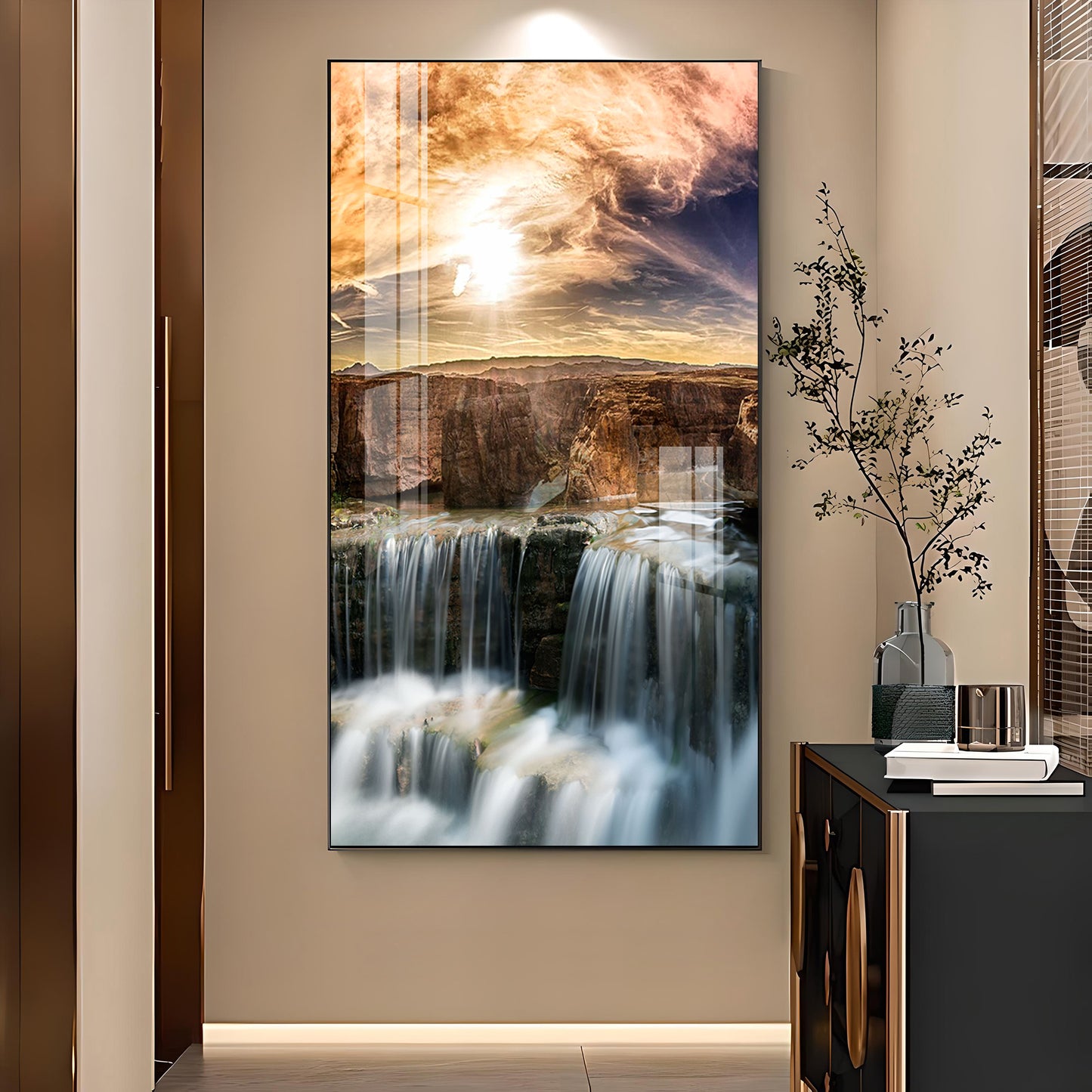 Dusk Over the Falls Glass Finish Vertical Wall Art