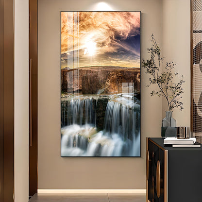 Dusk Over the Falls Glass Finish Vertical Wall Art