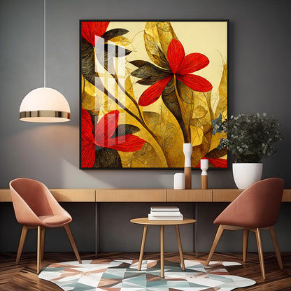 Scarlet Bloom Glass Finish Square Wall Art